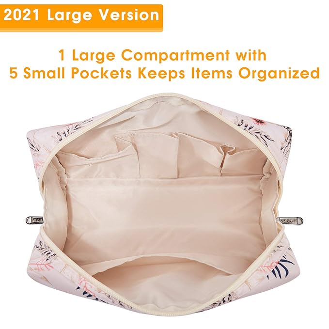 Narwey Cute Makeup Bag Travel Cosmetic Bag Organizer Toiletry Bag Make Up Bags with Compartments for Women Girls (Large, Beige Flamingo)