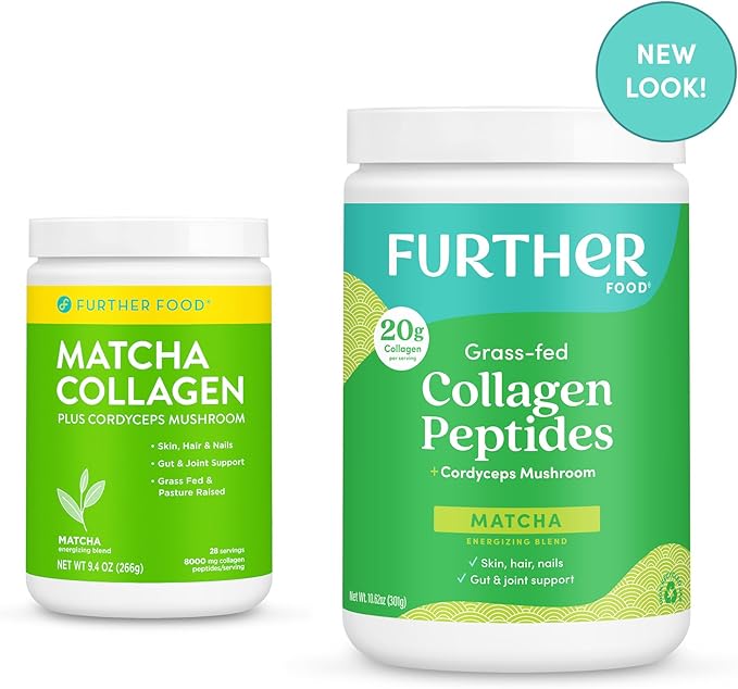 Further Food Matcha Collagen Peptides Powder - Organic Matcha & Cordyceps for All Day Energy, Mental Clarity & Immunity & Premium for Gut Health, Joints, Skin, Hair & Nails 10.62 oz