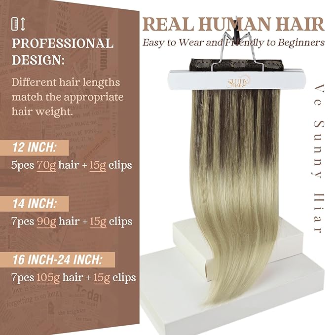 Ve Sunny Clip in Human Hair Extensions Balayage Clip in Hair Extensions Ombre Clip in Extensions Real Human Hair Dark Brown Ombre Dark Golden Blonde Balayage Light Blonde Short Hair 5pcs 80g 12inch