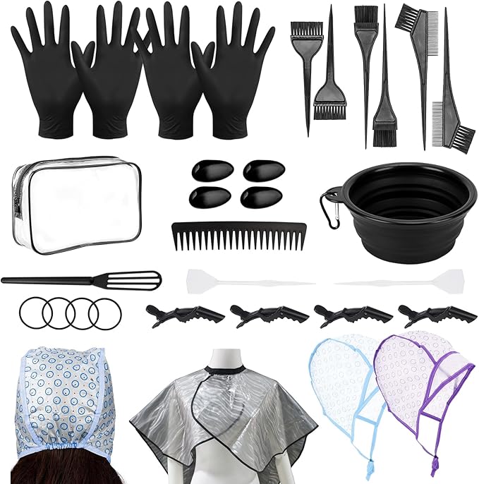 32Pcs Hair Dye Coloring Kit,Hair Dye Tools for DIY Salon.Hair Dye Brush and Bowl Set, with Dye Brush/Ear Cover/Gloves/Comb/Hairpin/Hair Coloring Cape(Black,B)