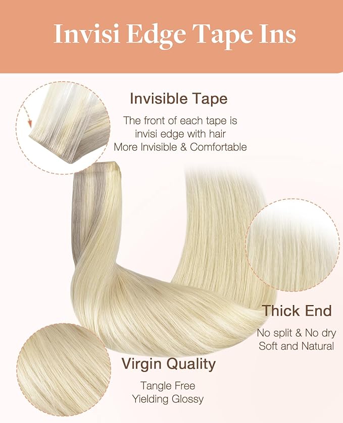 GOO GOO Invisi Edge Tape in Hair Extensions Human Hair, 17/22/60 Balayage Ash Blonde to Golden Blonde and Platinum Blonde, 20pcs 14inch 50g, Virgin Remy Hair, Seamless Injected Tape, Natural Look