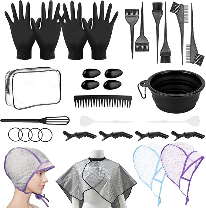 32 Pcs Hair Dye Coloring Kit,Hair Dye Tools for DIY Salon.Hair Dye Brush and Bowl Set/Highlighting Frosting Cap with Plastic Hooks/Dye Brush/Ear Cover/Gloves/Comb/Hairpin/Hair Coloring Cape(Black)