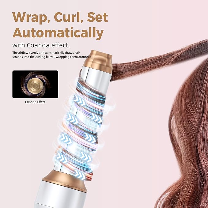 6 in 1 Air Styler Magic Hair Dryer Brush, Negative Ionic Blow Dryer Brush & 3 Heat Settings, Detachable Auto Curling & Straightening Volumizing, Frizz-Free Styling, Salon to Home Use (A-White-Pink)