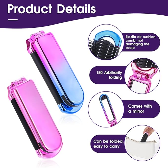 Travel Hair Brush with Mirror,2 Pack Folding Hair Brush Travel Size Hair Massage Comb Compact Hair Brush Foldable Pocket Hairbrush for Women and Men, Hair Styling Tools (Pink & Gradient)