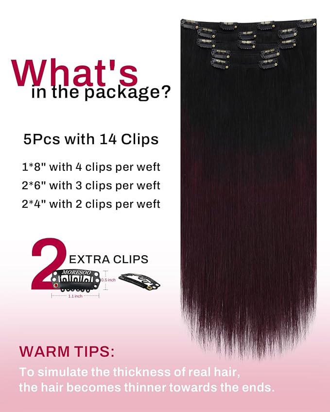 Moresoo Wine Red Hair Extensions Real Human Hair Clip ins Ombre Black to Burgundy Clip in Human Hair Extensions Short Balayage Black to Dark Red Double Weft for Women Straight 80g/5pcs 12 inch