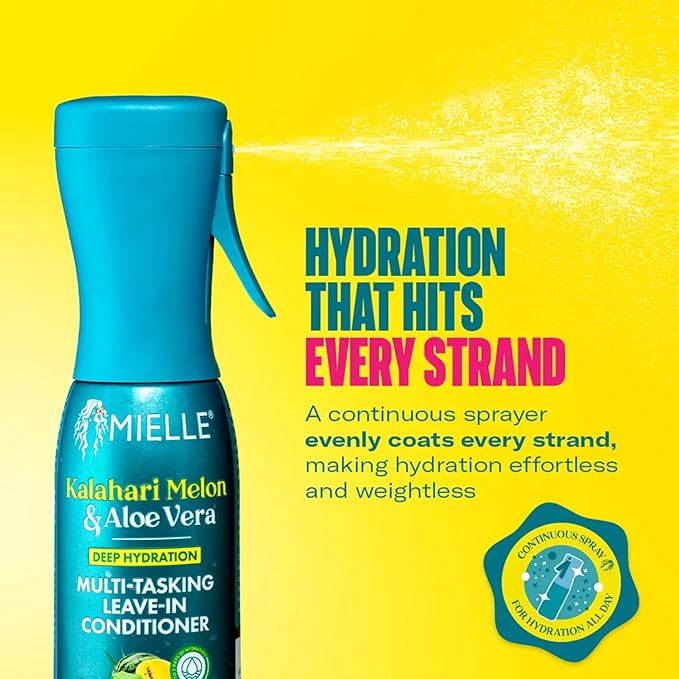 Mielle Kalahari Melon & Aloe Vera Multi-Tasking Leave In Conditioner Spray - 3-in-1 Hair Detangler Spray, Curl Refresher & Moisturizer for Dry, Curly & Textured Hair - Up to 5 Days of Moisture (6.7oz)