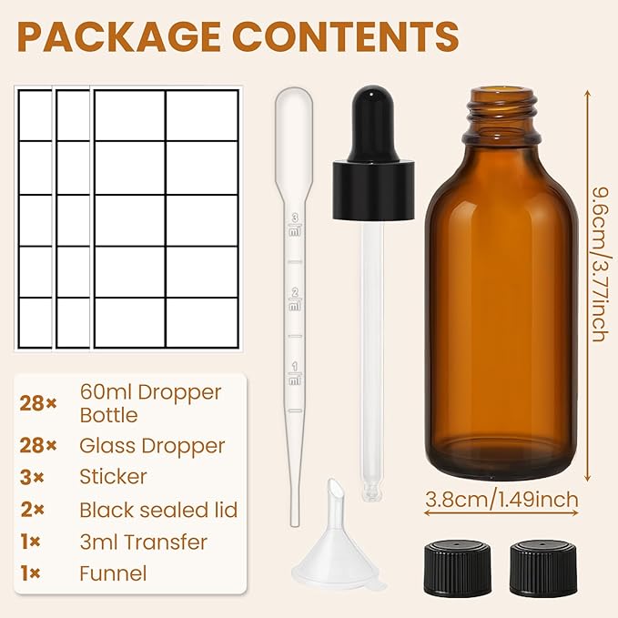 28 Pack 2oz Amber Glass Dropper Bottles Leakproof with Funnels, Eye Droppers, Extra Caps, Labels - Refillable UV Resistant 60ml Empty Bottles for Tinctures, Essential Oils, Beard, Hair Oil