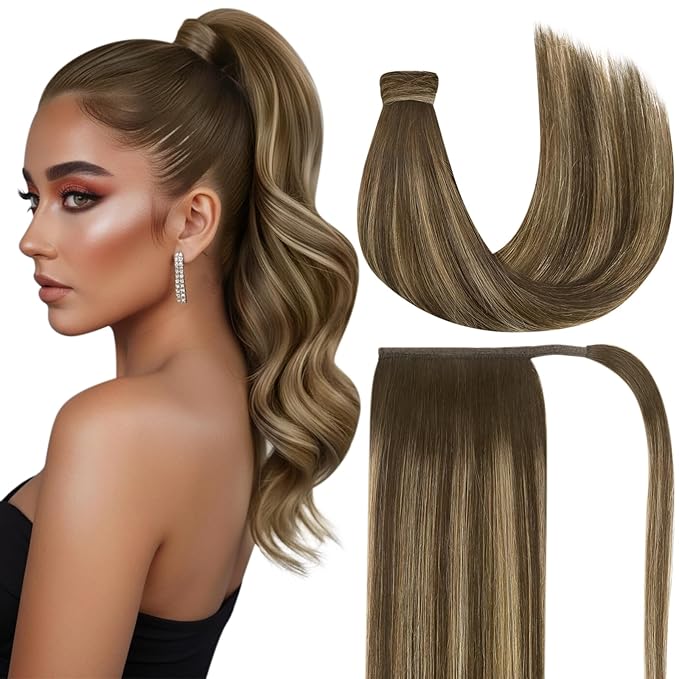 Ve Sunny Hair Extensions Ponytail Real Human Hair Wrap Around Clip in Ponytail Hair Extensions Straight Extensions Human Hair for Women Medium Brown Balayage Ombre Caramel Blonde 18inch 80G