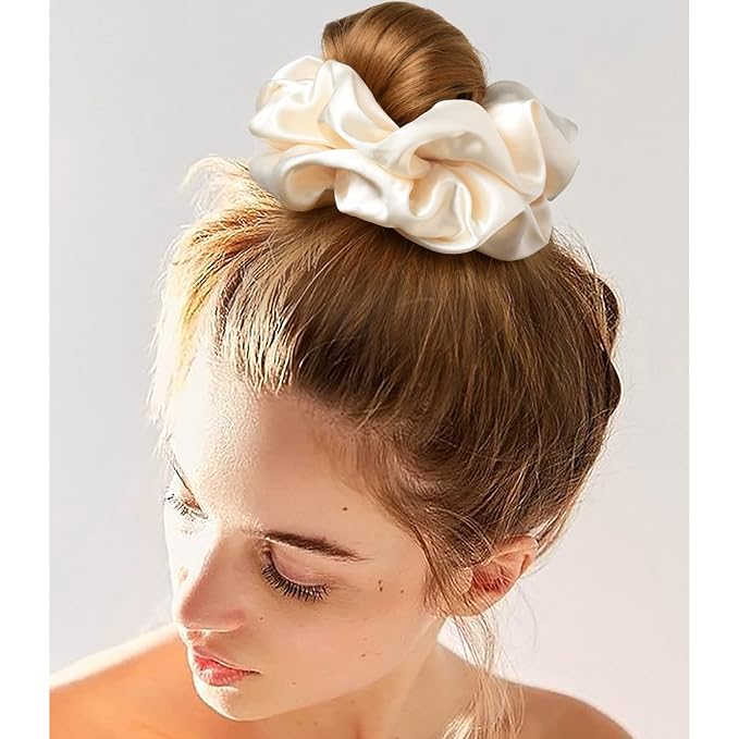 CEELGON Large Silk Satin Scrunchies for Women Big Scrunchies Jumbo Satin Hair Ties Oversized Hair Scrunchies for Thick Curly Hair Pack of 6 (Black,Champagne,Brown,Gold)