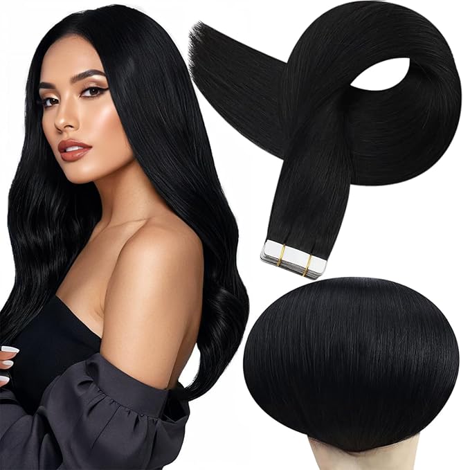 Full Shine Tape ins Human Hair Extensions Color 1 Jet Black Tape in Hair Extensions Invisible Straight Remy Skin Weft 22Inch Soft Silky Extension 100G 40Pcs for Women Natural Look