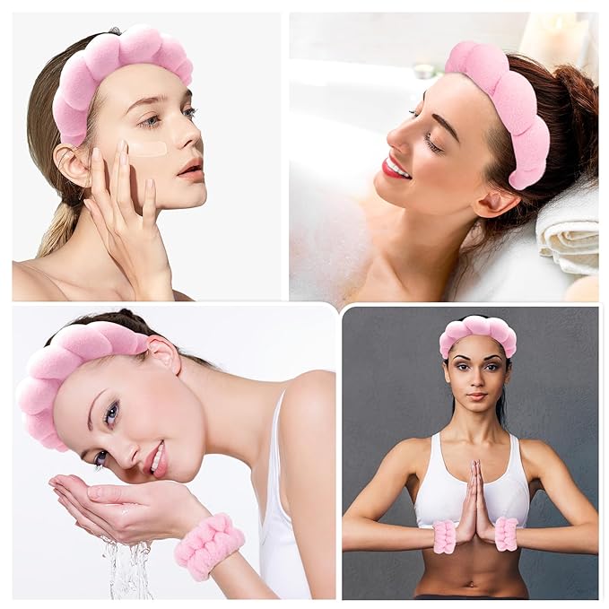 Zkptops Spa Headband for Washing Face Wristband Set Sponge Makeup Skincare Headband Terry Cloth Bubble Soft Get Ready Hairband Women Girl Puffy Padded Headwear Non Slip Thick Hair Accessory(Pink-2)
