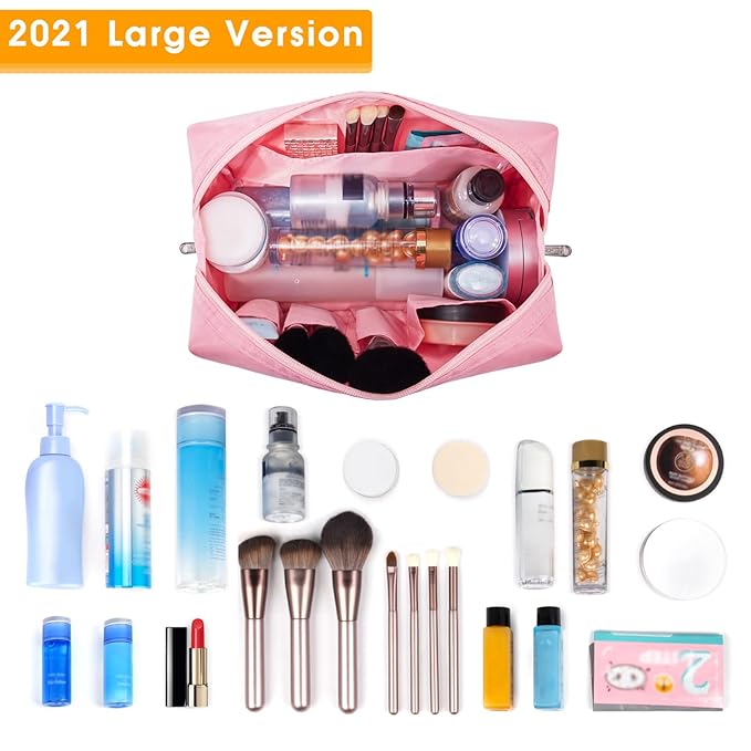 Narwey Cute Makeup Bag Travel Cosmetic Bag Organizer Toiletry Bag Make Up Bags with Compartments for Women Girls (Large, Pink)
