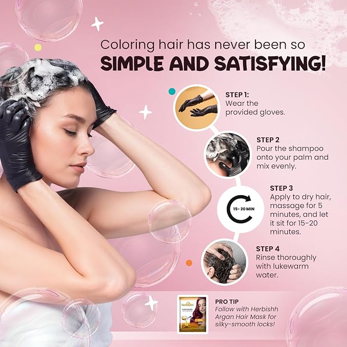 Herbishh Bubble Foam Hair Dye Shampoo, 3 in 1 Dye for 100% Grey Coverage, Permanent Hair Coloring for Men & Women, Long-lasting & Travel-friendly, Ammonia-free, 10 Sachet x 24 ml (Dark Brown)