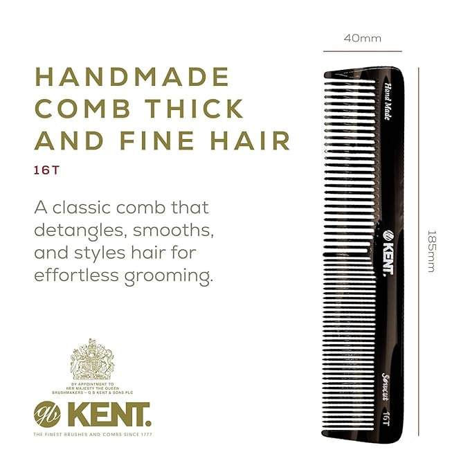 Kent 16T Black Graphite Fine and Wide Tooth for Daily Grooming, Handmade Styling Comb for All Hair Types, Wet or Dry Hair Detangling Comb for Men and Women, Saw Cut Hand Polished, Made in England