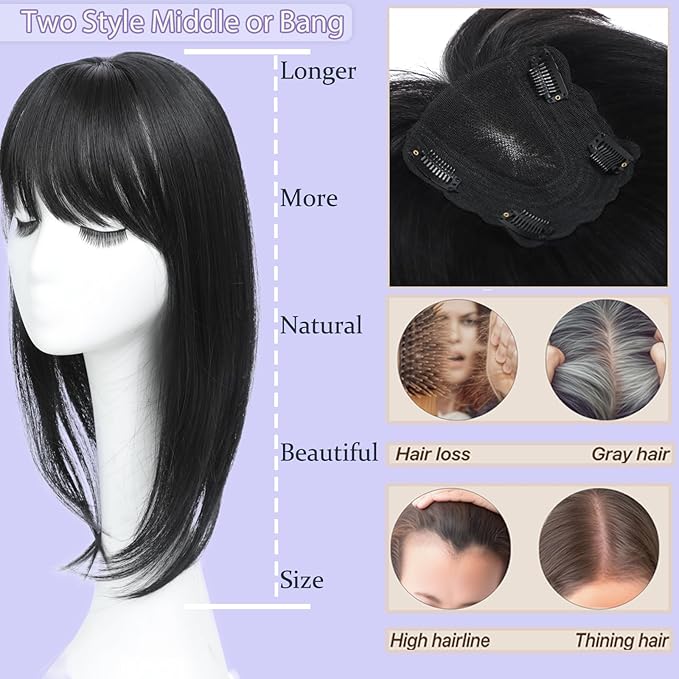 Hair Toppers for Women Real Human Hair, 360°3D Topper for Women with Thinning Crown Wispy Clip in Bangs Breathable Hand Tied Craft Big Coverage Hairpieces(Black（Big Coverage）, 12 Inch-3D-Wispy)