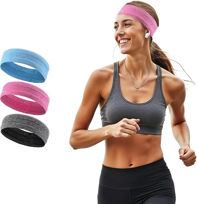 Athletic Sweat Bands Headbands for Women, Moisture Wicking Sweatbands Non-Slip Elastic Sports Hair Bands for Running, Workout, Yoga, Basketball, Tennis, Exercise