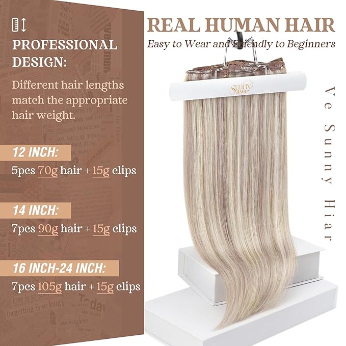Ve Sunny 18inch Clip in Hair Extensions Real Human Hair Ash Blonde Highlight Bleach Blonde Clip in Human Hair Extensions for Women Soft Thick Straight 120g 7pcs