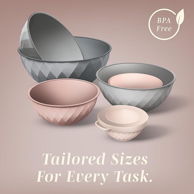 COOK WITH COLOR Mixing Bowls with Lids - 12 Piece Plastic Nesting Bowls Set includes 6 Prep Bowls and 6 Lids, Diamond Design - Microwave Safe, Pink and Grey