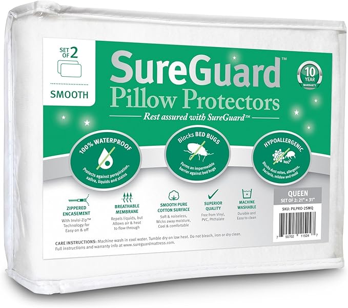 Set of 2 Queen Size SureGuard Pillow Protectors - 100% Waterproof, Bed Bug Proof, Hypoallergenic - Premium Zippered Cotton Covers - Smooth