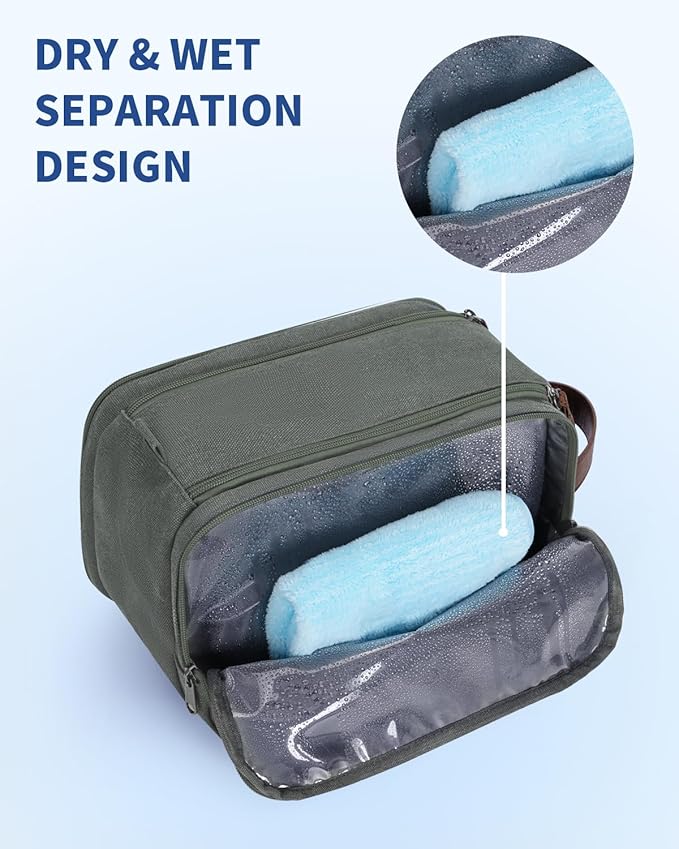 WANDF Toiletry Bag for Men Travel Toiletry Organizer Canvas and Leather Dopp Kit Water-Resistant Shaving Bag for Travel Accessories (Green, Medium)