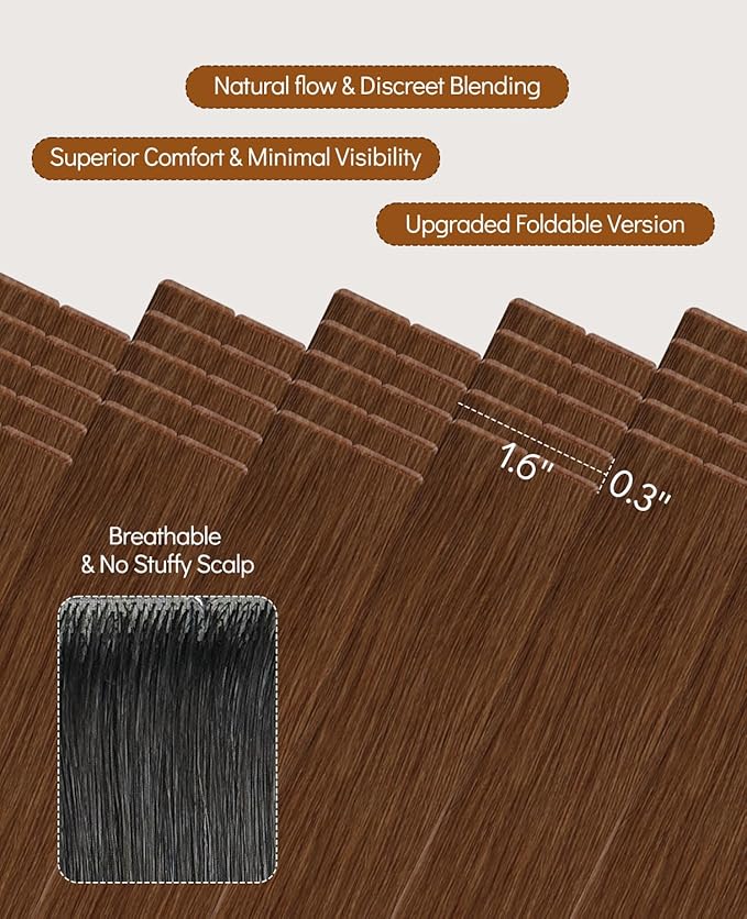 VINBAO Invisi Edge Tape in Hair Extensions Human Hair 14in 40g 20pcs Auburn Ginger Injected Tape in Hair Extensions Seamless Pro Quality Silky Straight 14inch #33
