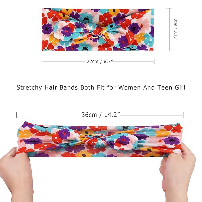 DRESHOW Boho Bow Headbands for Women Vintage Flower Printed Yoga Hairband Elastic Rabbit Ear Head Wrap 6 Pack
