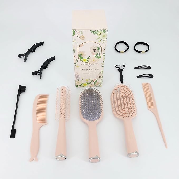 Hair Brush Set, Professional Styling Tools with Combs and Accessories, Pink, Gift Box Included (Pink Brush+Pink Comb)