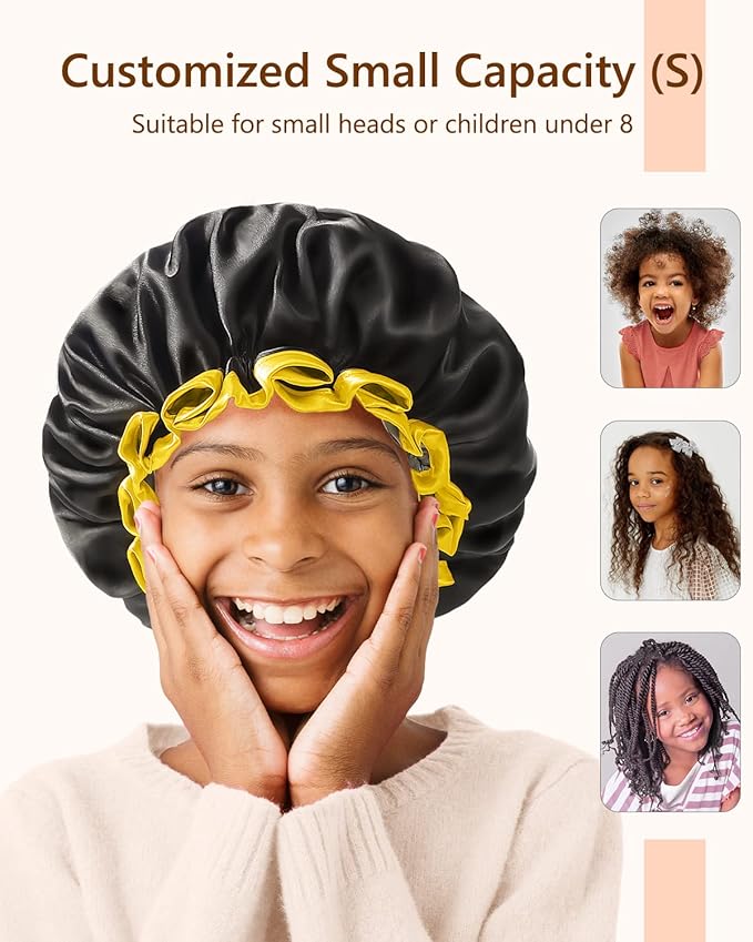 mikimini Small Black Shower Caps for Child 2 Packs, Double Layers Waterproof Bathing Hair Cap with Reusable Soft Comfortable PEVA Lining, Cute, Non-fading & Stretchy Shower Hat