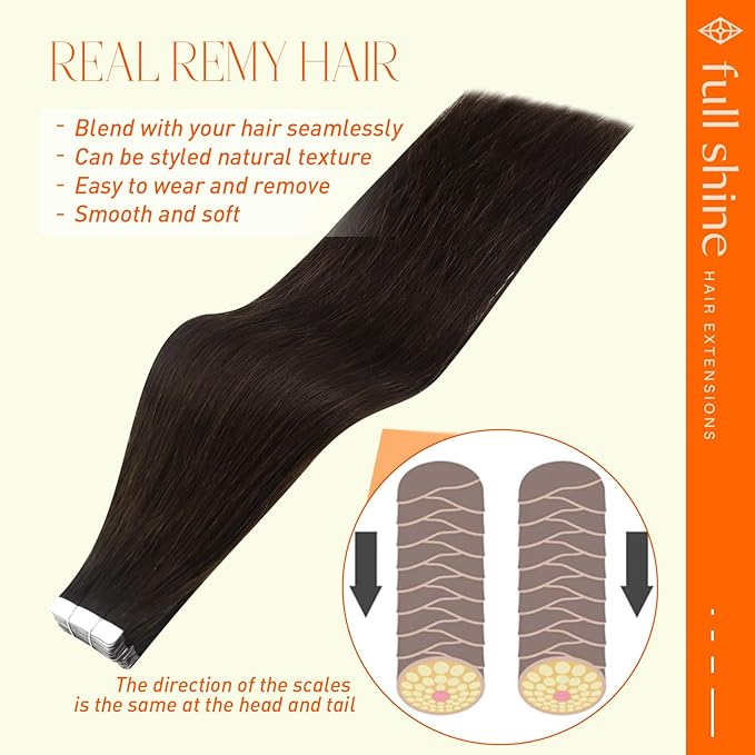 Full Shine Brown Tape in Hair Extensions Human Hair Tape ins Color 2 Dark Brown Straight Hair Extensions 24 INCH 100G Seamless Skin Weft Brazilian Double Sided for Daily Wear 40 PCS