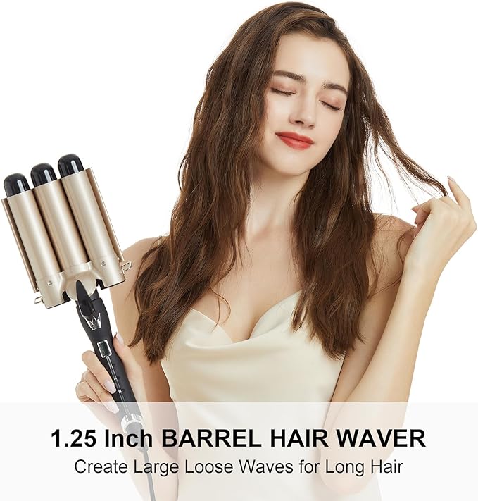 Hair Waver 1 1/4 Inch Crimper for Large Loose Waves, AIMERVO 3 Barrel Curling Iron 1.25", 15 Heat Settings 170-450°F for All Hair Types, Ceramic Jumbo Curling Wand, Dual Voltage, for Mid to Long Hair