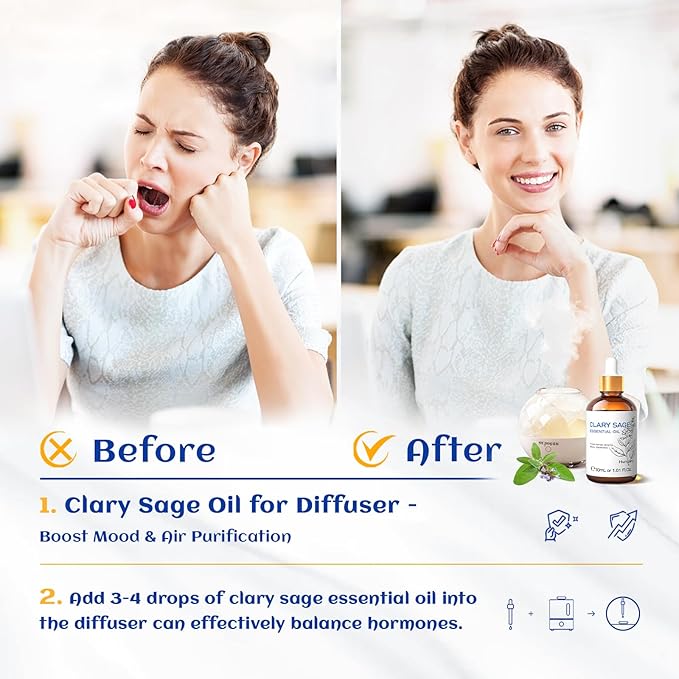 HIQILI 1 Fl Oz Clary Sage Oil Essential Oil, 100% Pure Undiluted for Diffuser, Aromatherapy - 30ml