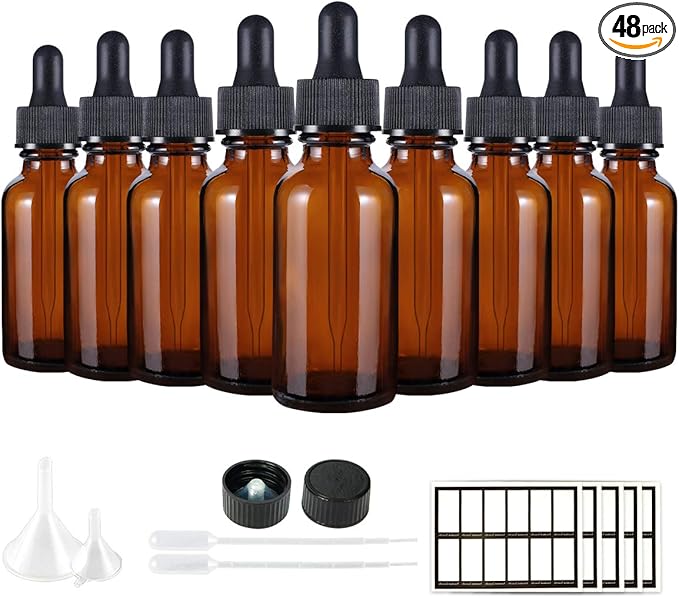 Eternal Moment 1 oz Eye Dropper Bottle(48 Pack), 30ml Amber Glass Bottles with Glass Eye Dropper for Essential Oils, Chemistry Lab Chemicals, Colognes & Perfumes