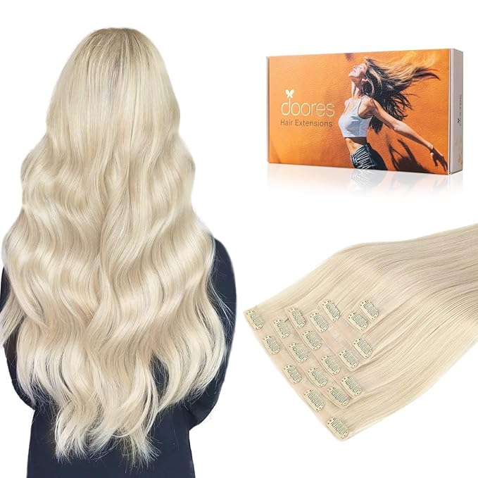 DOORES Hair Extensions Real Human Hair, Platinum Blonde 12 Inch 7pcs 80g, Seamless Clip in Extensions Remy Straight Hair Extensions Clip Invisi Edge Weft