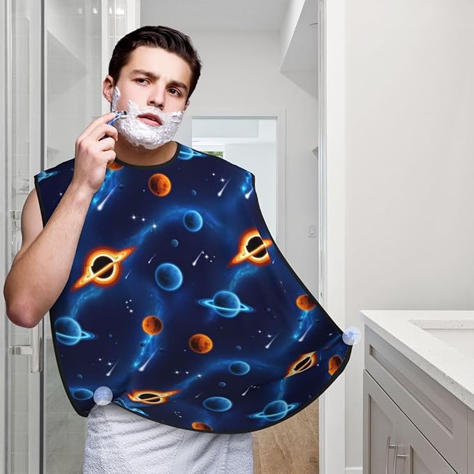Strong Suction Cup Beard Grooming Bib, Non-Stick Hair Catcher, Waterproof, for Shaving, Cosmic Universe Stars Planets Blue Galaxy Art
