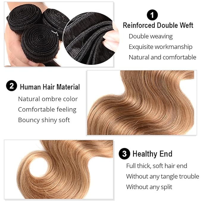 Ombre Bundles Human Hair 1B27 Body Wave Bundles 26 28 30 Inch Double Weft 2 Tone Black and Honey Blonde Bundle Hair Weave Niegmeag Virgin Remy Hair Extensions