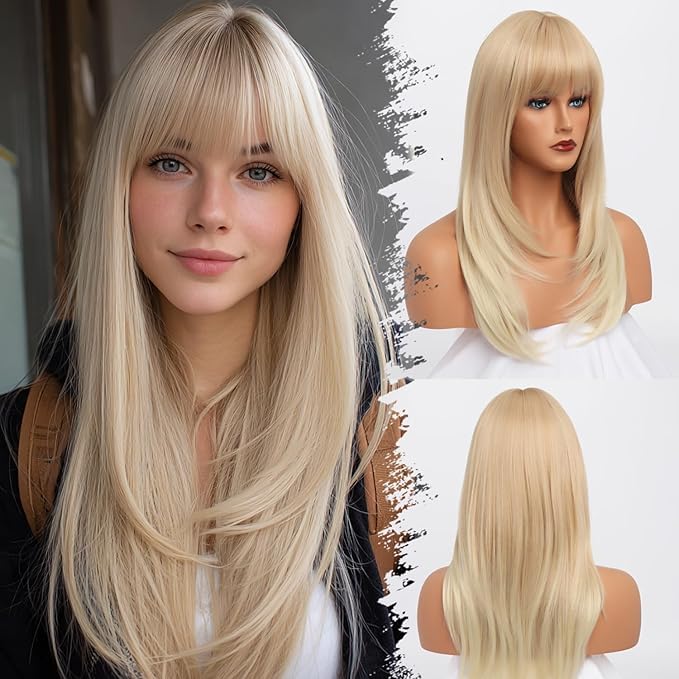 613 Blonde Wig With Bangs Long Wavy Straight Wig with Layered Hair Synthetic Heat Resistant Wigs for Women Daily Party Use 26 Inches