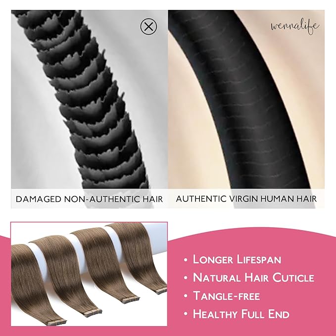 WENNALIFE Tape in Hair Extensions Human Hair Light Ash Brown 10pcs 30g 24 inch Remy Invisible Tape Ins Straight Colored Soft Real Human Hair Tape in Extensions Refill Set