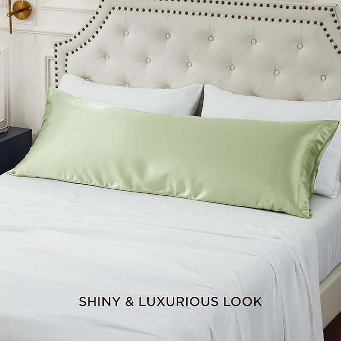 Bedsure Body Pillow Cover 20x54 Inches - Sage Green Satin Similar to Silk Pillowcase for Hair and Skin, Cooling and Silky Long Body Pillow Pillowcase with Envelope Closure, Gifts for Women Men