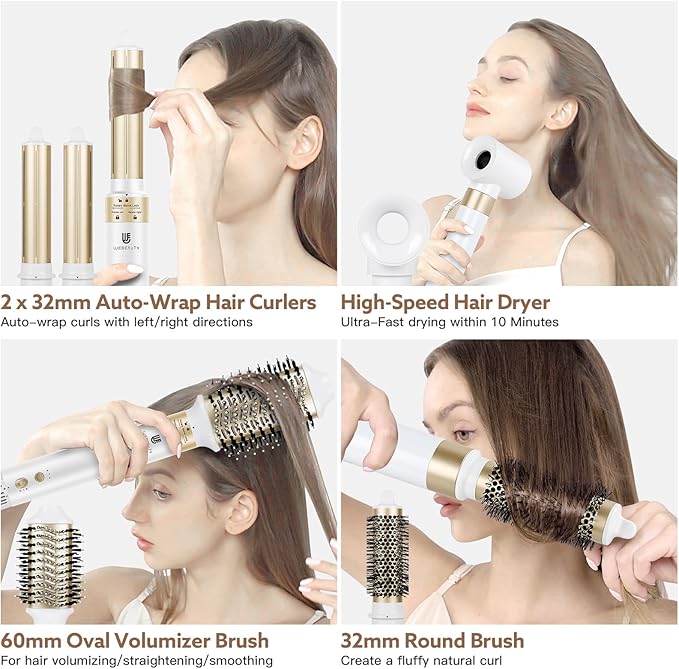 5 in 1 Hot Air Brush Hair Dryer Air Styler - 110,000 RPM Fast Drying, Curling, Straightening with Ceramic Coating & Negative Ion, No Heat Damage for All Hair Types, Includes Travel Case (White)