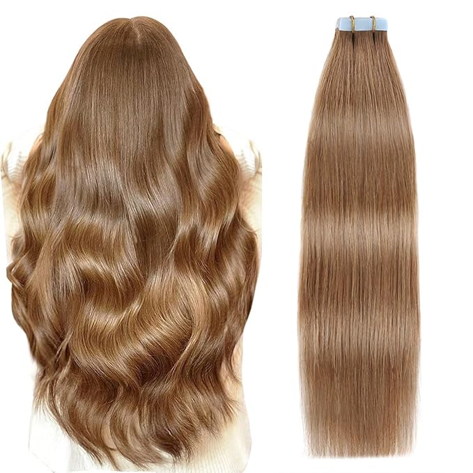 SUYYA Tape in Hair Extensions 100% Remy Human Hair 20 inches 20pcs 50g/pack Straight Seamless Skin Weft Tape in Human Hair Extensions(20Inch #8 Light Brown)