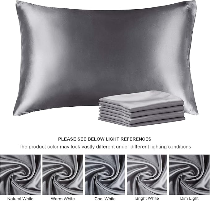 BEDELITE Satin Pillowcase for Hair and Skin, Super Soft Similar to Silk Pillow Cases 4 Pack with Envelope Closure, Cooling Pillowcases for Women Men (20"x26" Standard Size, Dark Grey)