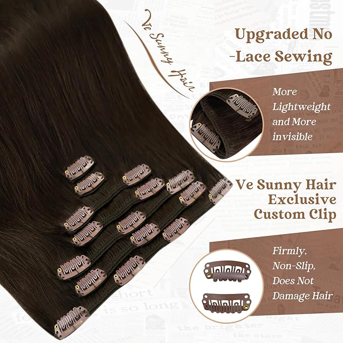 Ve Sunny Clip in Hair Extensions Real Human Hair Dark Brown Hair Extensions Clip ins 14Inch Human Hair Clip in Extensions 100g