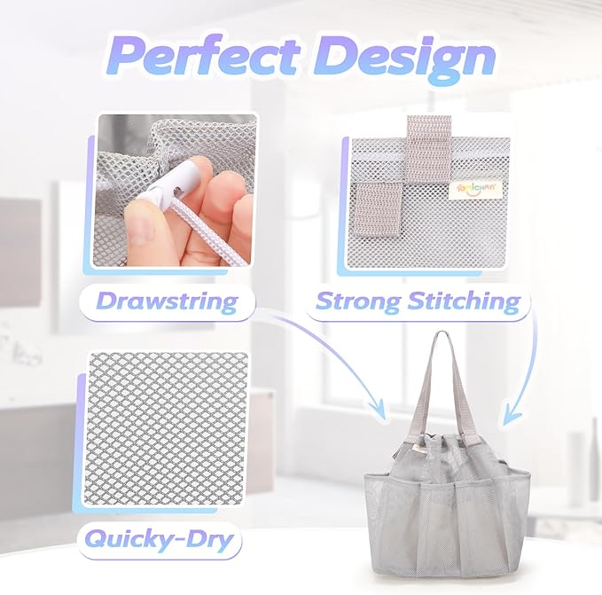 Mesh Shower Caddy Portable with Drawstring, Dorm Room Essentials for College Students, Grey Shower Bag for Camping,Swimming,Gym,Travel,Bathroom