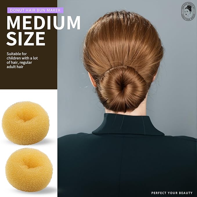 Teenitor Hair Bun Maker Set, 7 Pieces Bun Donuts for Hair(1 Extra-Large, 2 Large, 2 Medium, 2 Small), 5 Elastic Bands, 20 Hair Pins, Gold