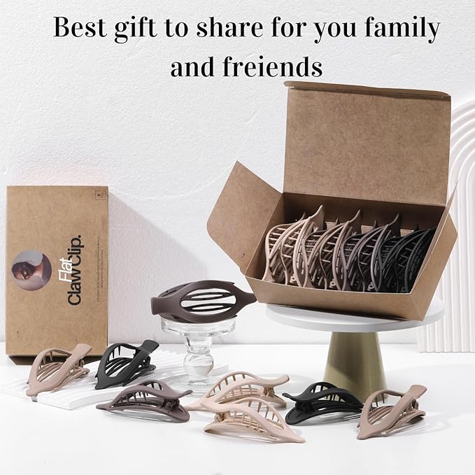 8 Pack French Flat Hair Clips for Women– Large Matte No-Slip Claw Barrettes in Black, Beige, Light Brown & Dark Brown,Strong Hold for Thick & Thin Hair