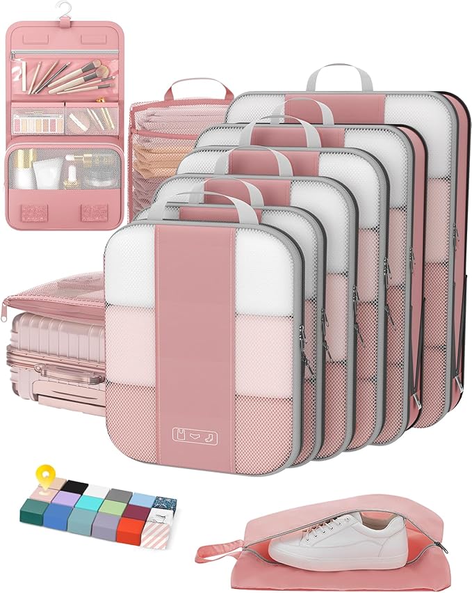 10 Set Compression Packing Cubes for Travel Essentials,Compressible Expandable Packing Cubes for Suitcase,OlarHike Luggage Organizer Bags for Travel,Handy Helper for Organizing Clothes(Light Coral)