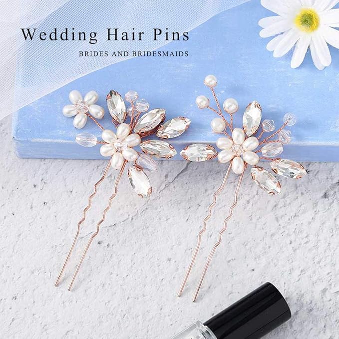 JAKAWIN Pearl Bride Wedding Hair Pins Bridal Hair Piece Accessories Decorative Hair Clips for Women HP065 (Rose Gold)