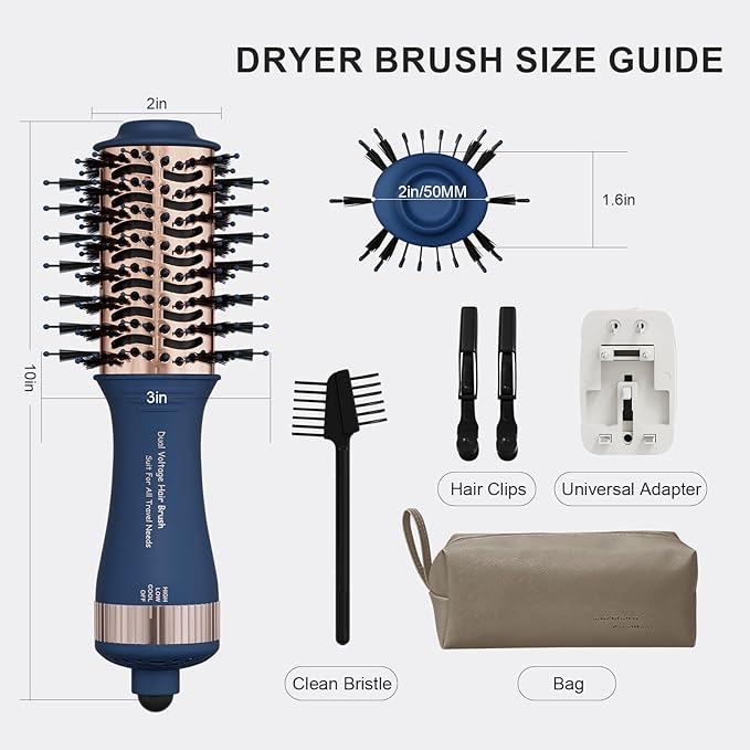 Dual Voltage Travel Hair Dryer Brush, 2 Inch Oval Hot Air Brush, One Step Travel Hair Styler/Volumizer/Straightener/Curler, European Blow Dryer Brush with Universal Adapter