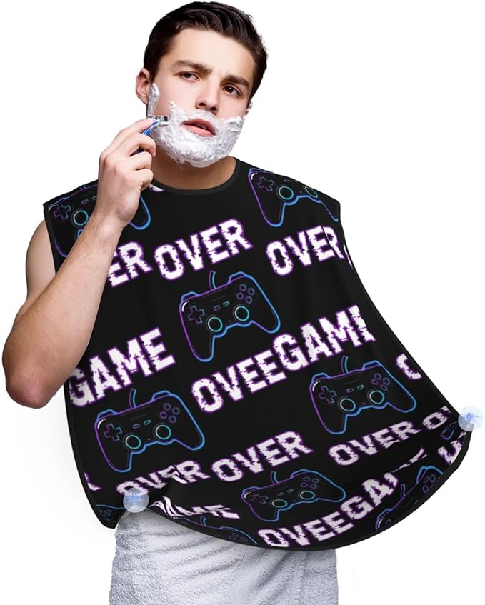 No-Slip Shaving Bib, Beard Grooming Apron with Strong Suction Cups, Video Gamers Joystick Game Over