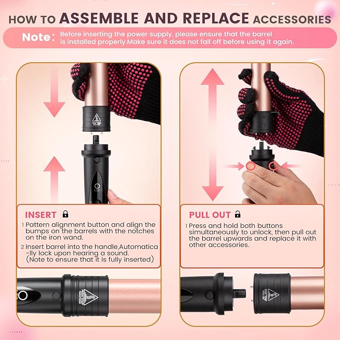 5 in 1 Curling Iron Wand Set, Hair Curling Iron Interchangeable Ceramic Barrels (0.35 to 1.25 Inch), Barrel Heat Protective Glove 2 Clips, Dual Voltage Hair Curler for Girls, Women Gift - Rose Gold